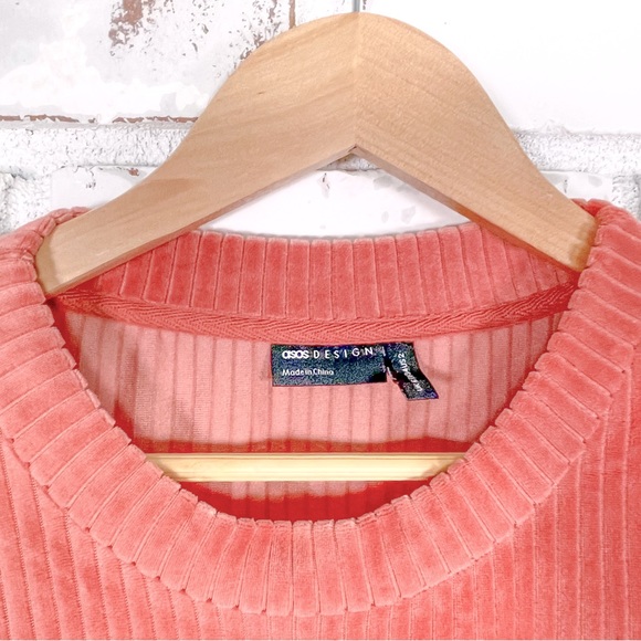 ASOS Cropped Salmon Pink Ribbed Long Sleeve Crew Neck Lounge Play Velour Top - Picture 7 of 12